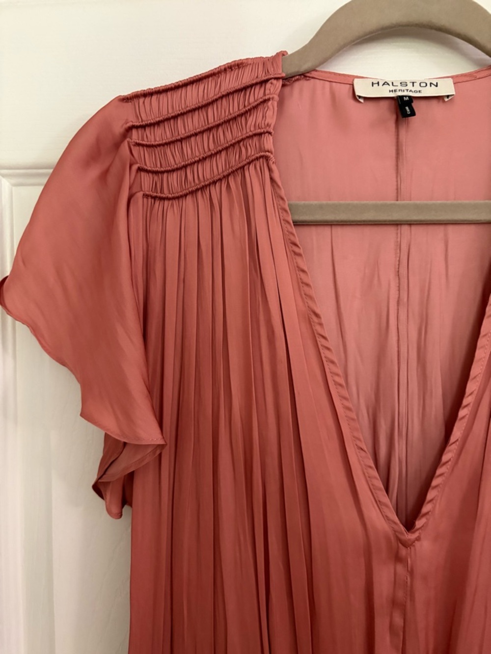 Halston Heritage Rose-Pink Pleated V-Neck Dress